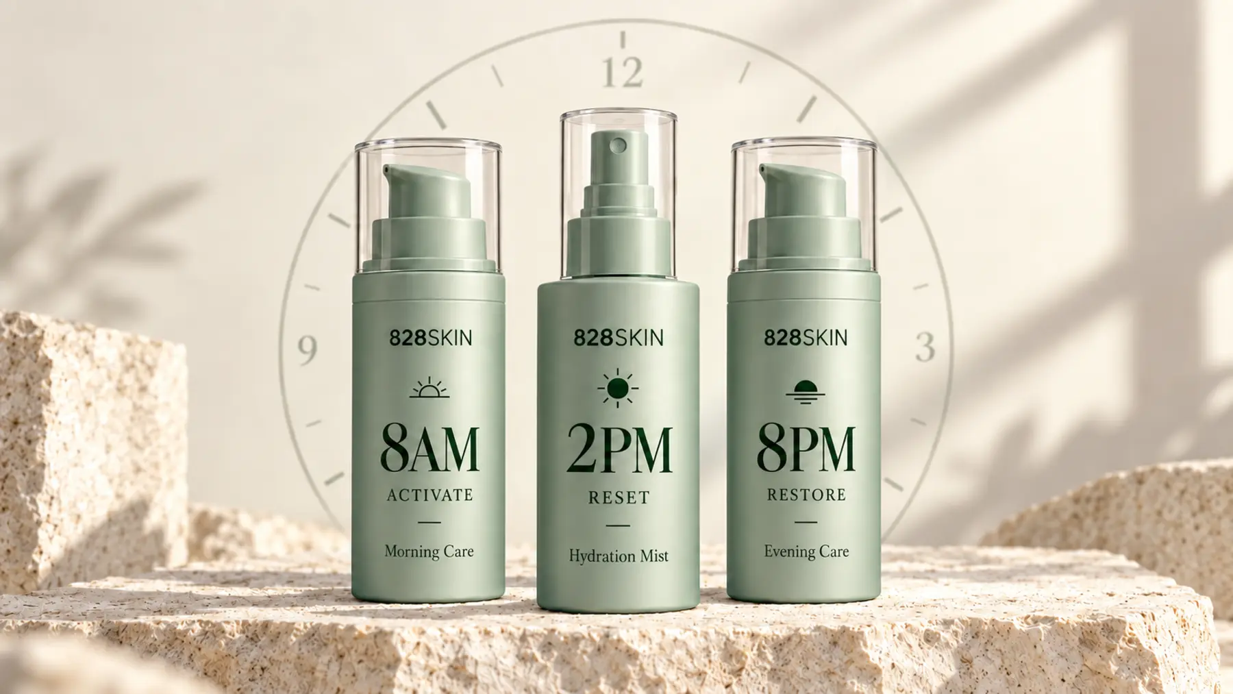 828SKIN 8AM and 8PM pump bottles with the 2PM hydration mist spray on natural stone